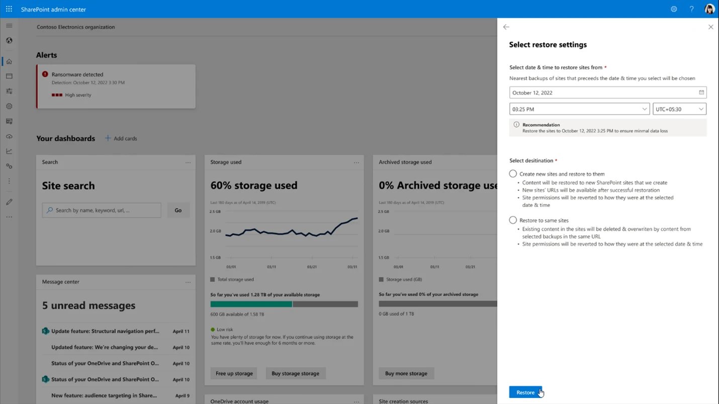 SharePoint 관리 센터의 사용자 인터페이스. 날짜 및 시간을 비롯한 설정 복원을 선택하는 화면.