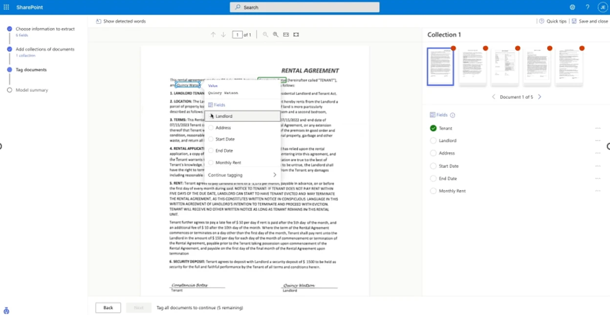Microsoft SharePoint의 사용자 인터페이스. 임대 계약을 사용한 문서 처리 예시.