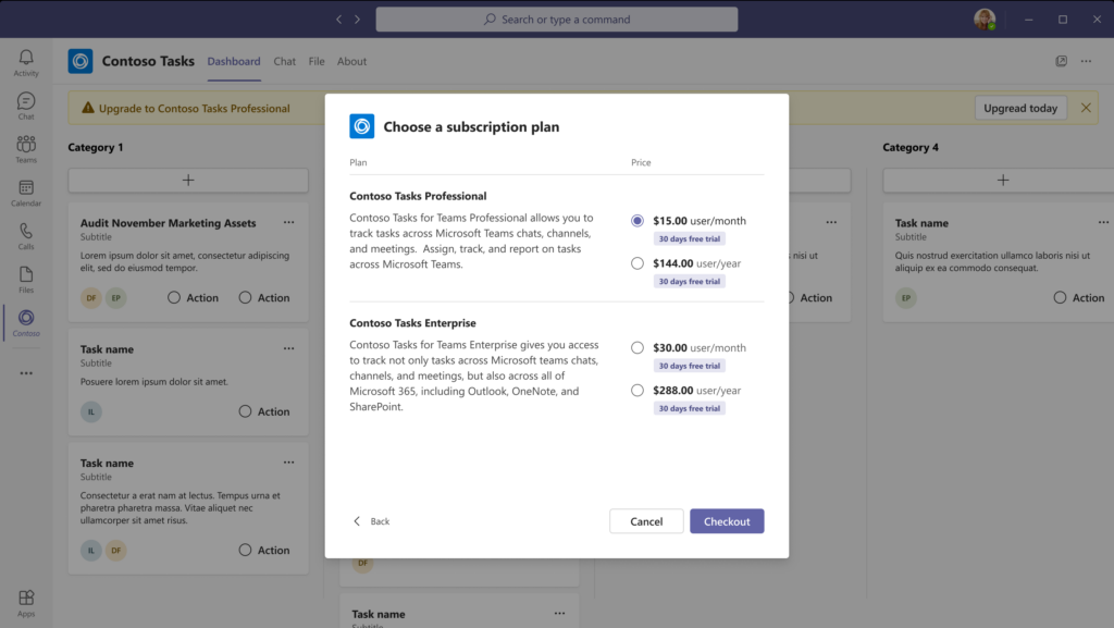 „Microsoft Teams“ prenumeratos plano parinktys, skirtos pirkti programoje. 