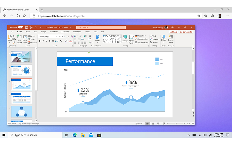 Personalizēts: Windows 365 ir jūsu Windows 10 vai Windows 11 personalizētais līdzeklis, kas ietver jūsu programmas, piemēram, PowerPoint, kuras jebkurā ierīcē tiek straumētas no mākoņa.