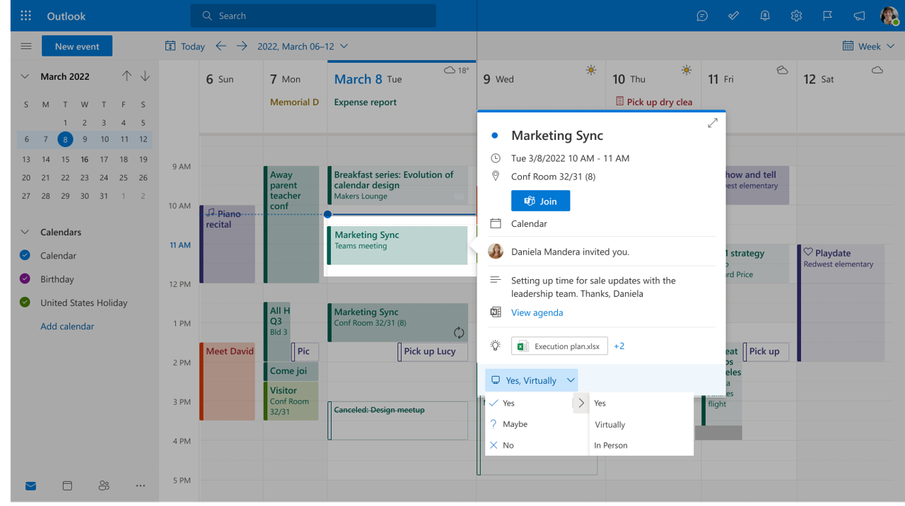 Mēs atjauninām Outlook, lai ļautu jums atbildēt uz sapulces ielūgumu un atzīmēt, vai plānojat pievienoties personīgi vai virtuāli.