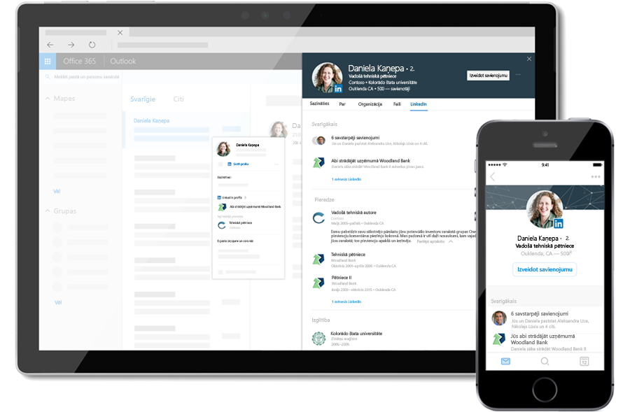 Tālrunī un planšetdatorā parādīta LinkedIn profila informācija programmā Outlook.