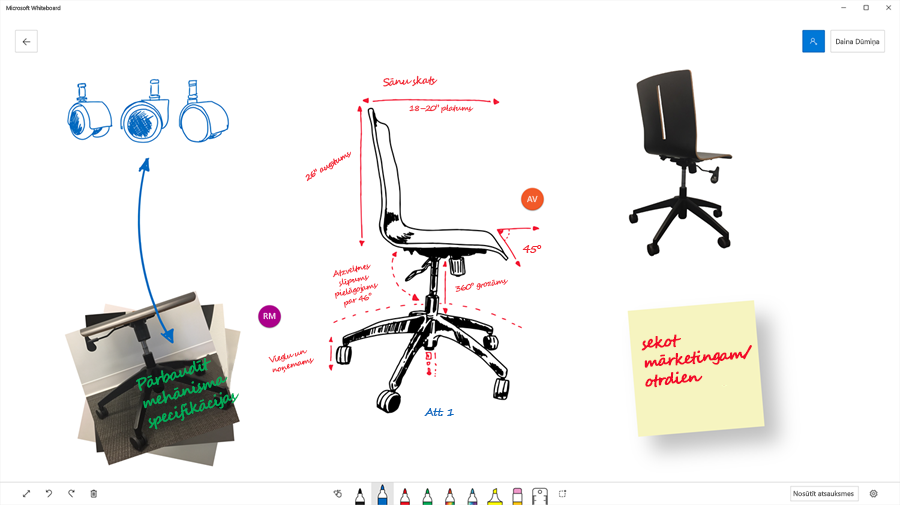 Attēls, kurā parādīts, kā darba grupa izmantoja Microsoft Whiteboard, lai vizualizētu biroja krēsla tehnisko izstrādi.