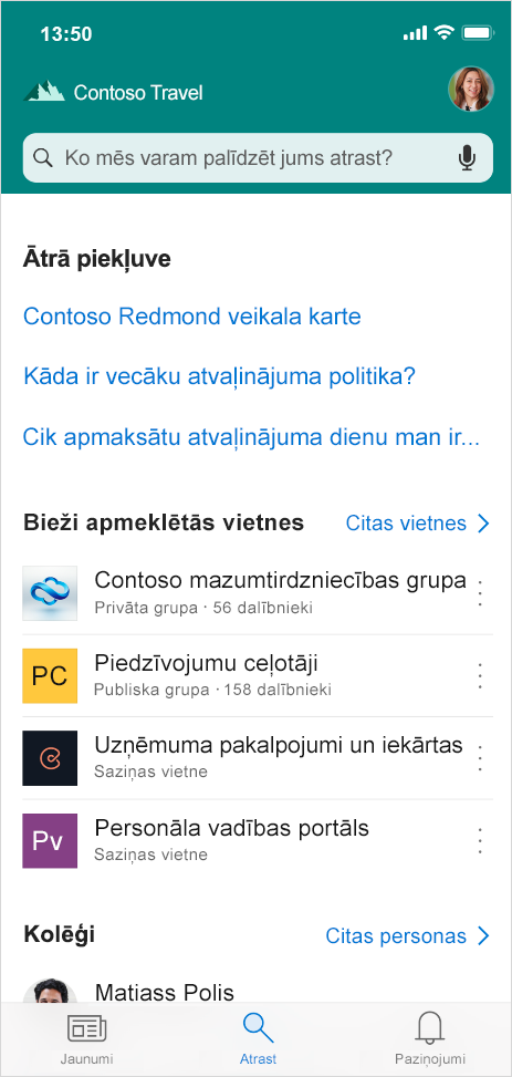 Šajā attēlā ir parādīta meklēšanas cilne, kas drīzumā būs pieejama SharePoint mobilajā programmā. Atrodoties ceļā, varat atrast cilvēkus, saturu un atbildes uz jautājumiem.