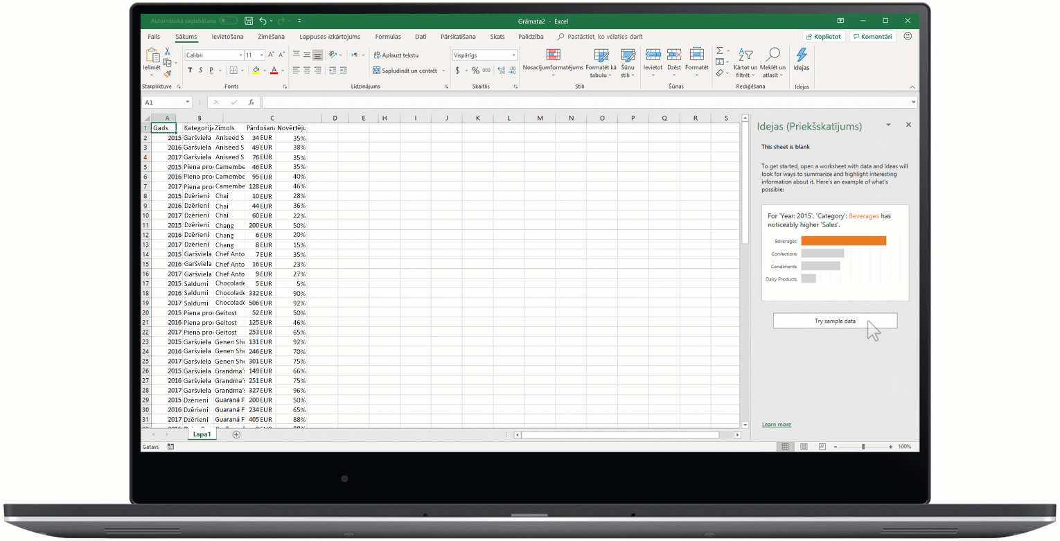 Animēts attēls, kurā redzams līdzeklis Idejas programmā Excel.