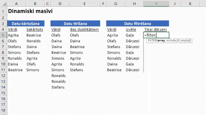 Animēts attēls, kurā redzams līdzeklis Dinamiskie masīvi programmā Excel.