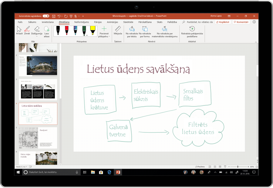 Animēts ekrānuzņēmums, kurā parādīta rokraksta pārvēršana par tekstu programmā PowerPoint.