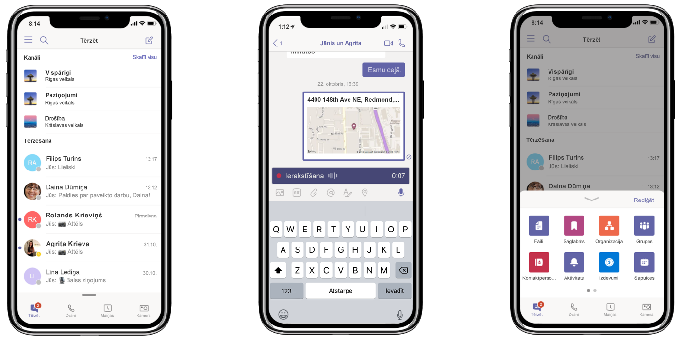 Trīs iPhone tālruņi, kuru ekrānos redzams jaunais Teams līdzeklis: paturiet visas sarunas vienuviet (pa kreisi), kopīgojiet atrašanās vietu un ierakstiet audio ziņojumus (vidū) un pielāgojiet navigācijas izvēlni (pa labi)