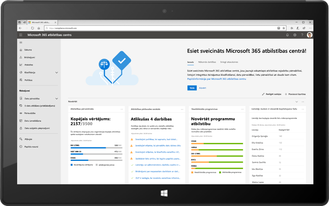 Planšetdatora, kurā redzams jaunais Microsoft 365 atbilstības centrs, attēls.