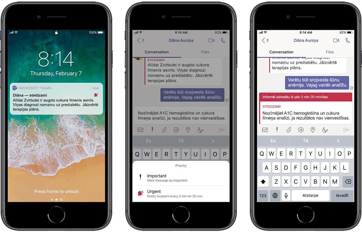 Trīs tālruņu attēls, kur redzams, ka ārsts saņem ziņojumu pakalpojumā Teams.
