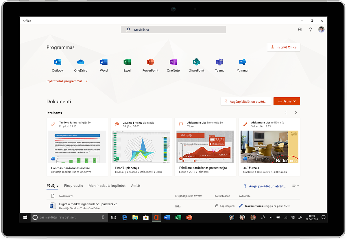 Attēls ar planšetdatoru, kurā redzamas jaunās Office programmas darbam ar Windows 10.