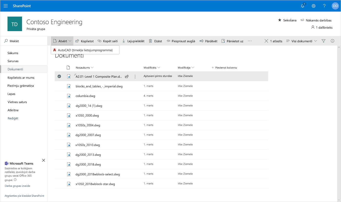 Ekrānuzņēmums ar AutoCAD tīmekļa programmas atvēršanu platformā SharePoint.