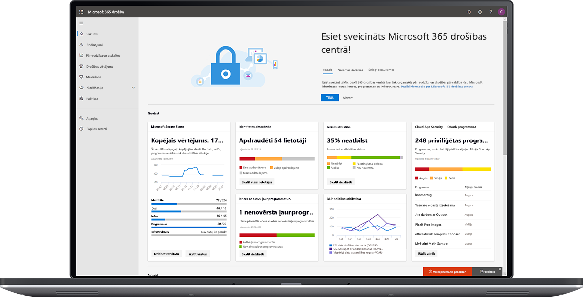 Microsoft 365 drošības centra informācijas paneļa attēls.