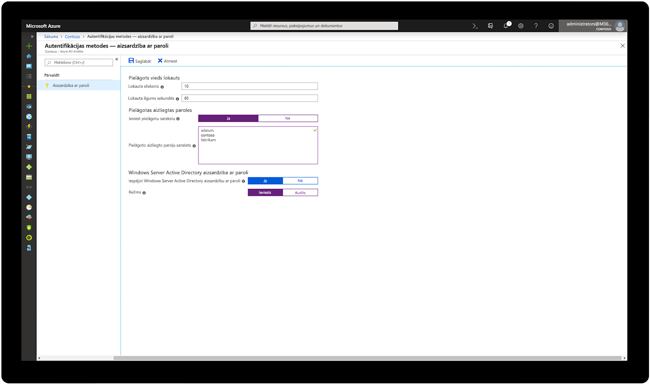 Ekrānuzņēmums ar bloķēto paroļu sarakstu platformā Microsoft Azure.