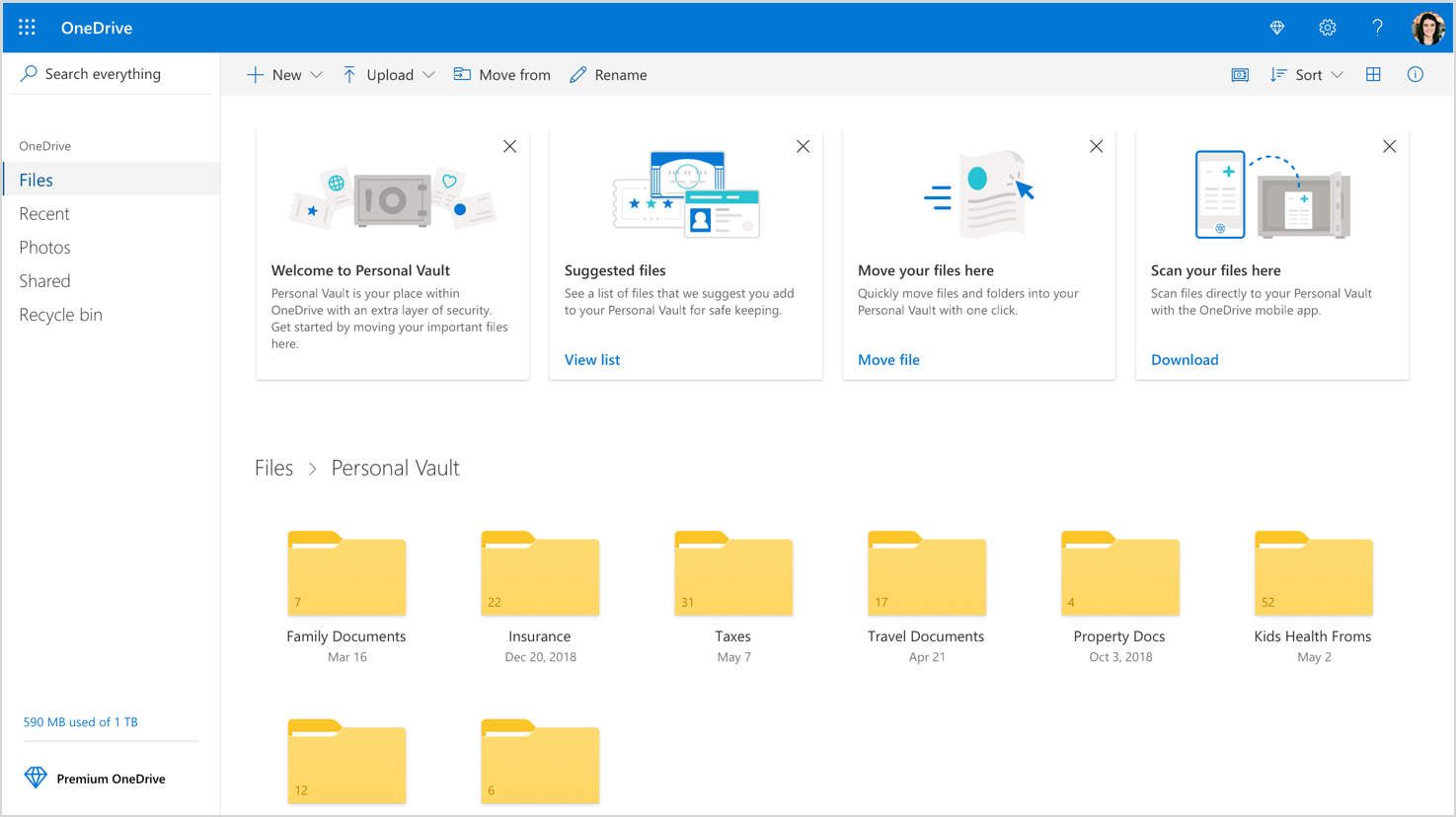 OneDrive personiskā seifa sākumlapas informācijas paneļa ekrānuzņēmums.