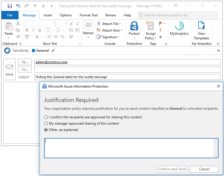 Microsoft Azure informācijas aizsardzības ekrānuzņēmums, kurā tiek pieprasīts pamatojums klasificētam e-pastam.