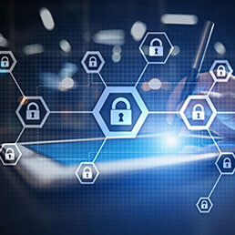 Global network security illustration with tablet and stylus in background
