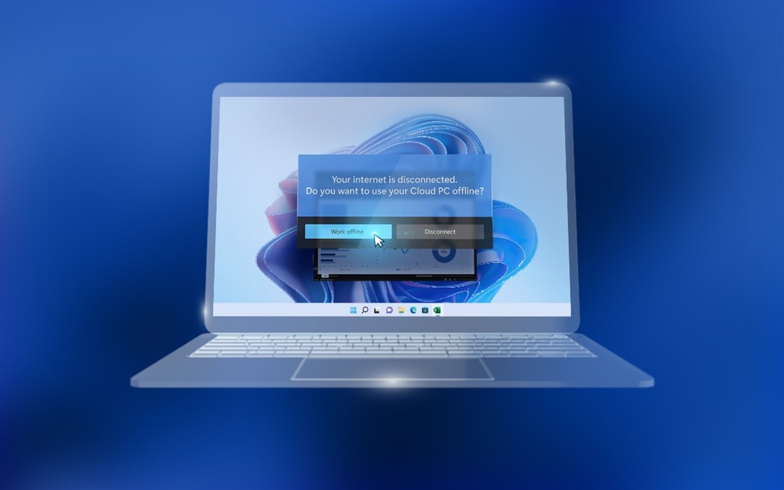  En grafikk av en PC viser Windows 365 Offline, som gjør det mulig å arbeide i Windows 365 selv om du er frakoblet.