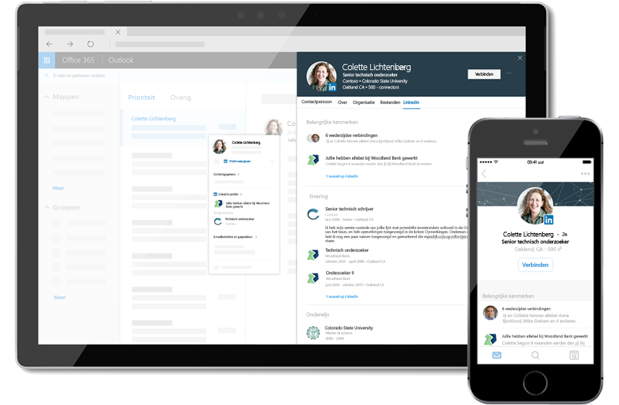 LinkedIn-profielgegevens in Outlook, zowel op een telefoon als op een tablet.