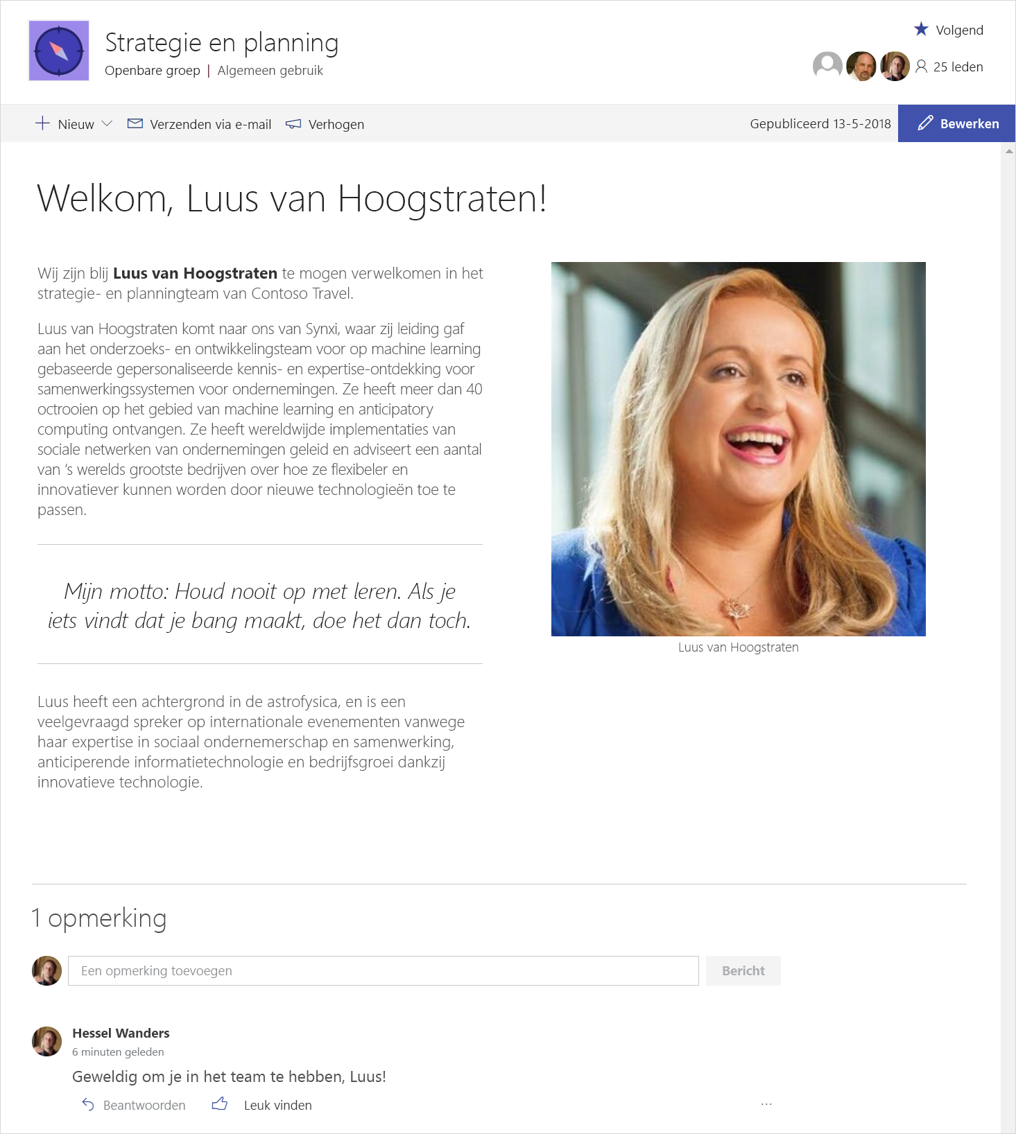 Een schermafbeelding met SharePoint-nieuws waarin gebruik wordt gemaakt van pagina’s en webonderdelen met uitgebreide, dynamische inhoud om mensen op de hoogte te houden.