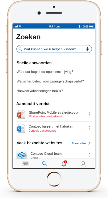 Afbeelding van een mobiel apparaat waarop de mobiele SharePoint-app wordt gebruikt.