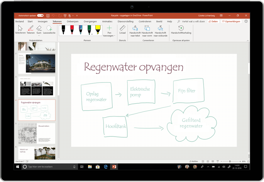 Een geanimeerde schermafbeelding laat zien hoe inkt wordt omgezet in tekst in PowerPoint.