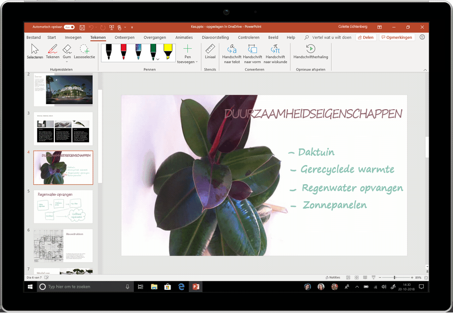 Een geanimeerde schermafbeelding laat Design-ideeën zien die worden aanbevolen in een PowerPoint-dia.