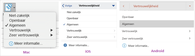 Schermafbeelding van het vervolgkeuzemenu voor gegevensgevoeligheid op Mac, iOS en Android.