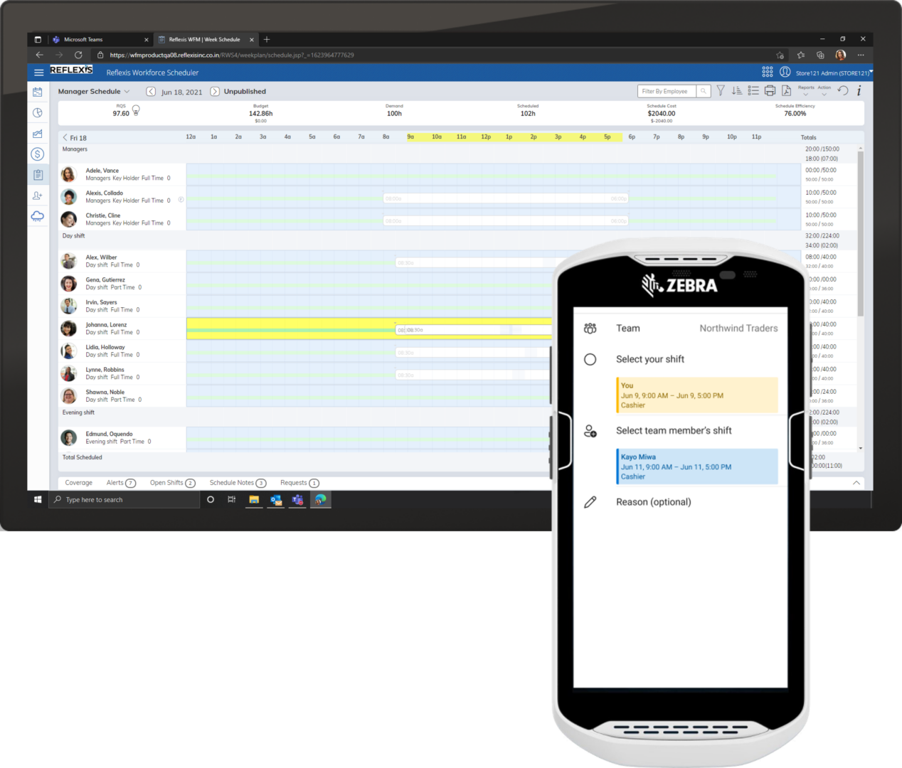Ekran tabletu z systemem Zebra Reflexis Workforce Management i urządzenie przenośne z funkcją Zmiany w usłudze Teams na urządzeniu Zebra wyświetlające te same informacje na temat zamiany zmian. 