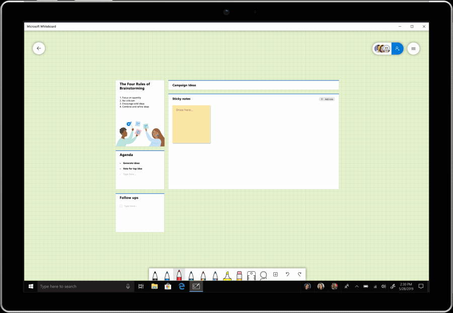 Animowany obraz przedstawiający notatki rozmieszczane w aplikacji Microsoft Whiteboard.