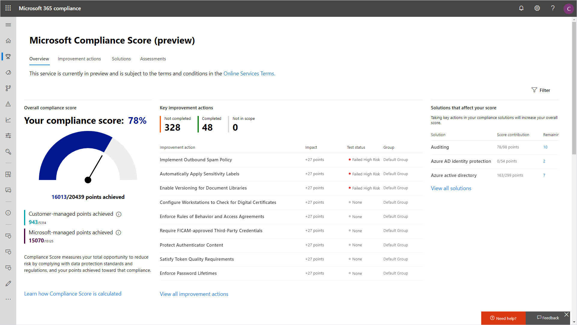 Obraz przedstawiający wskaźnik zgodności firmy Microsoft Compliance Score, dostępny już teraz w wersji zapoznawczej.