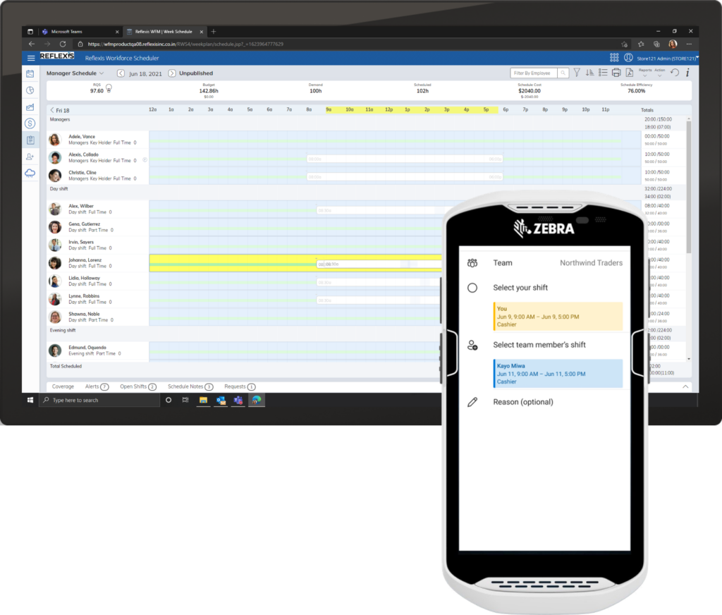 Uma tela de tablet do sistema Zebra Reflexis Workforce Management e um dispositivo móvel de Turnos no Teams em um dispositivo Zebra mostrando as mesmas informações de troca de turno em ambos. 