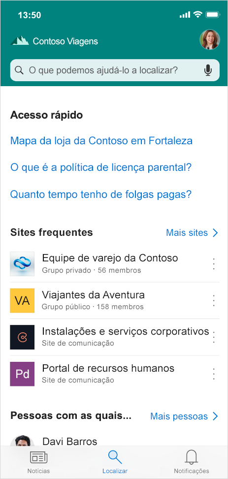 Essa imagem mostra a guia Localizar, recém-adicionada ao aplicativo móvel do SharePoint, que permite encontrar pessoas, conteúdo e respostas às suas perguntas em praticamente qualquer lugar.