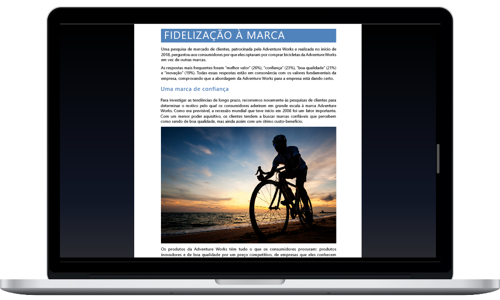Uma imagem mostra um laptop aberto e um documento do Word sendo editado.