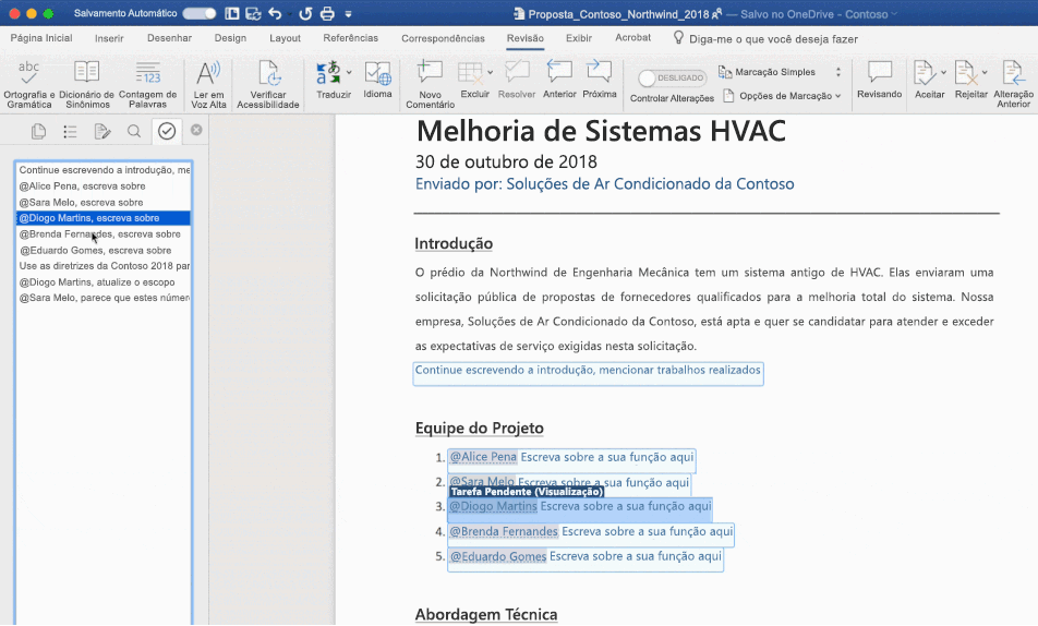 Captura de tela de um documento do Word aberto usando o recurso de tarefas pendentes da IA.