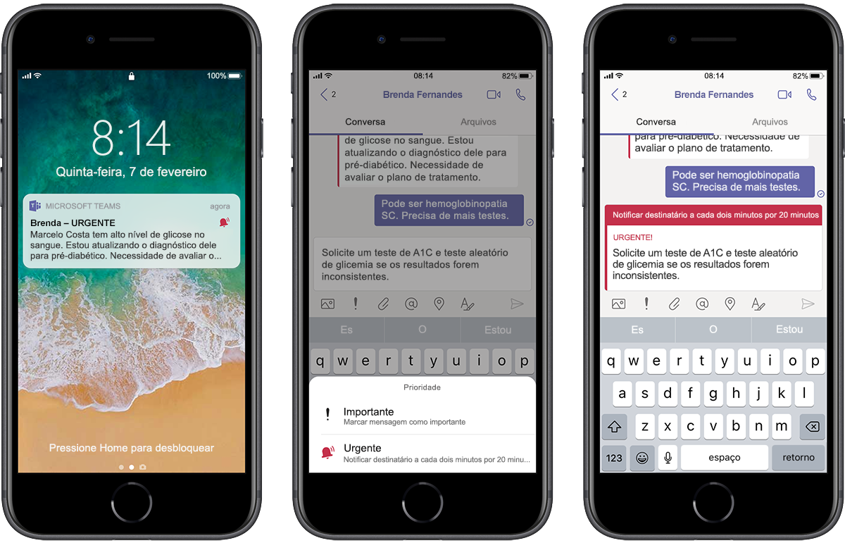 Imagem de três smartphones mostrando um médico recebendo uma mensagem no Teams.