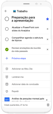 Imagem de um telefone usando o Microsoft To-Do para agendar o tempo de preparação de uma apresentação.