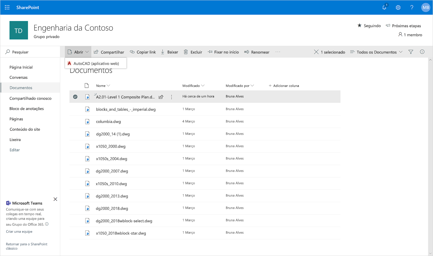 Captura de tela da abertura do aplicativo Web do AutoCAD no SharePoint.