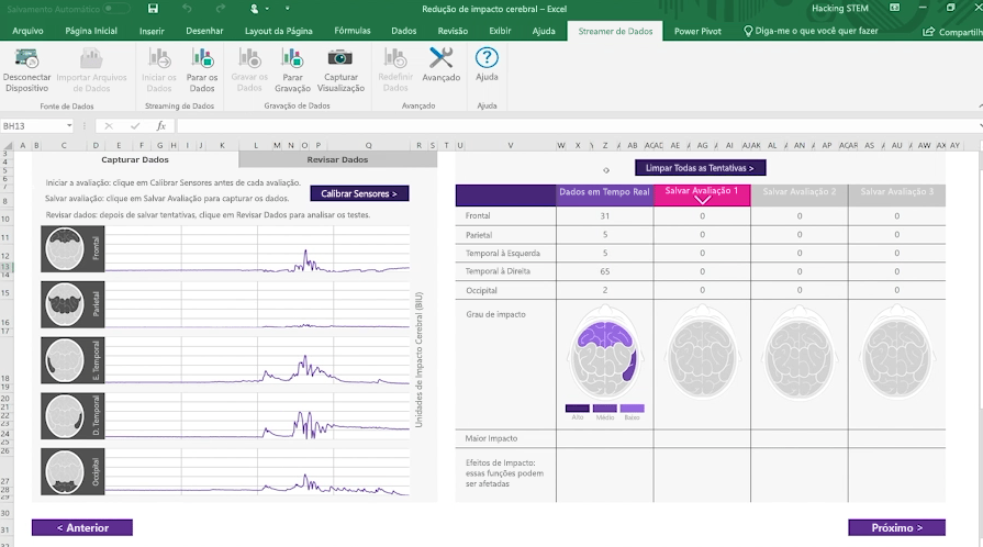 Captura de tela de uma pasta de trabalho de impacto cerebral usando o Streamer de Dados no Excel