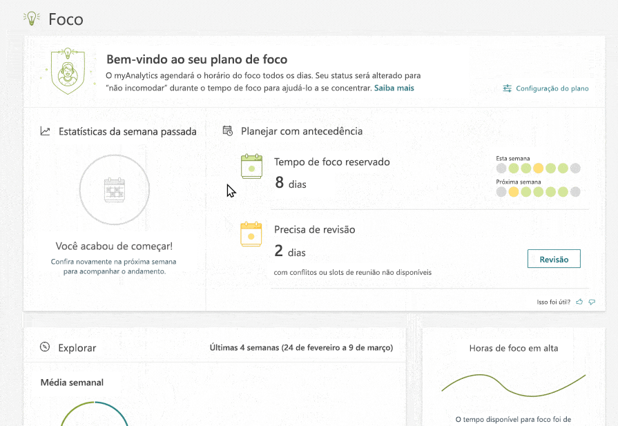 O Painel do MyAnalytics com a guia Foco selecionada. O usuário clica em "Experimentar" para começar e reserva o tempo de foco automaticamente todos os dias. O calendário do Outlook mostra os intervalos de tempo de foco em verde.