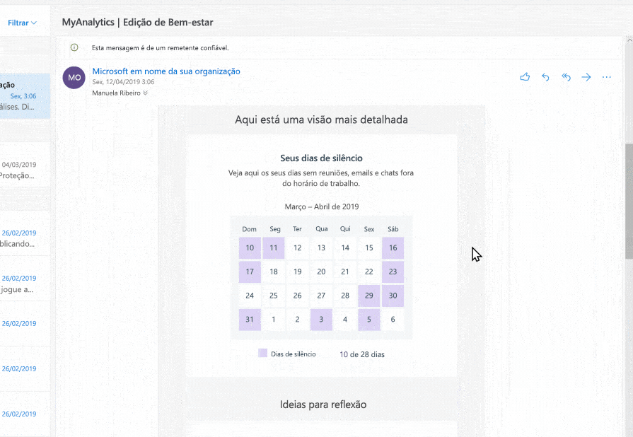 Captura de tela do MyAnalytics no Outlook.