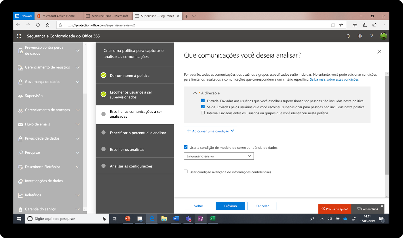 Captura de tela do Centro de Conformidade e Segurança do Office 365.