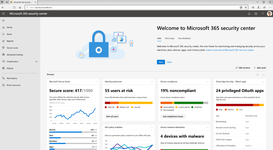 Captura de tela do painel do Centro de segurança do Microsoft 365.