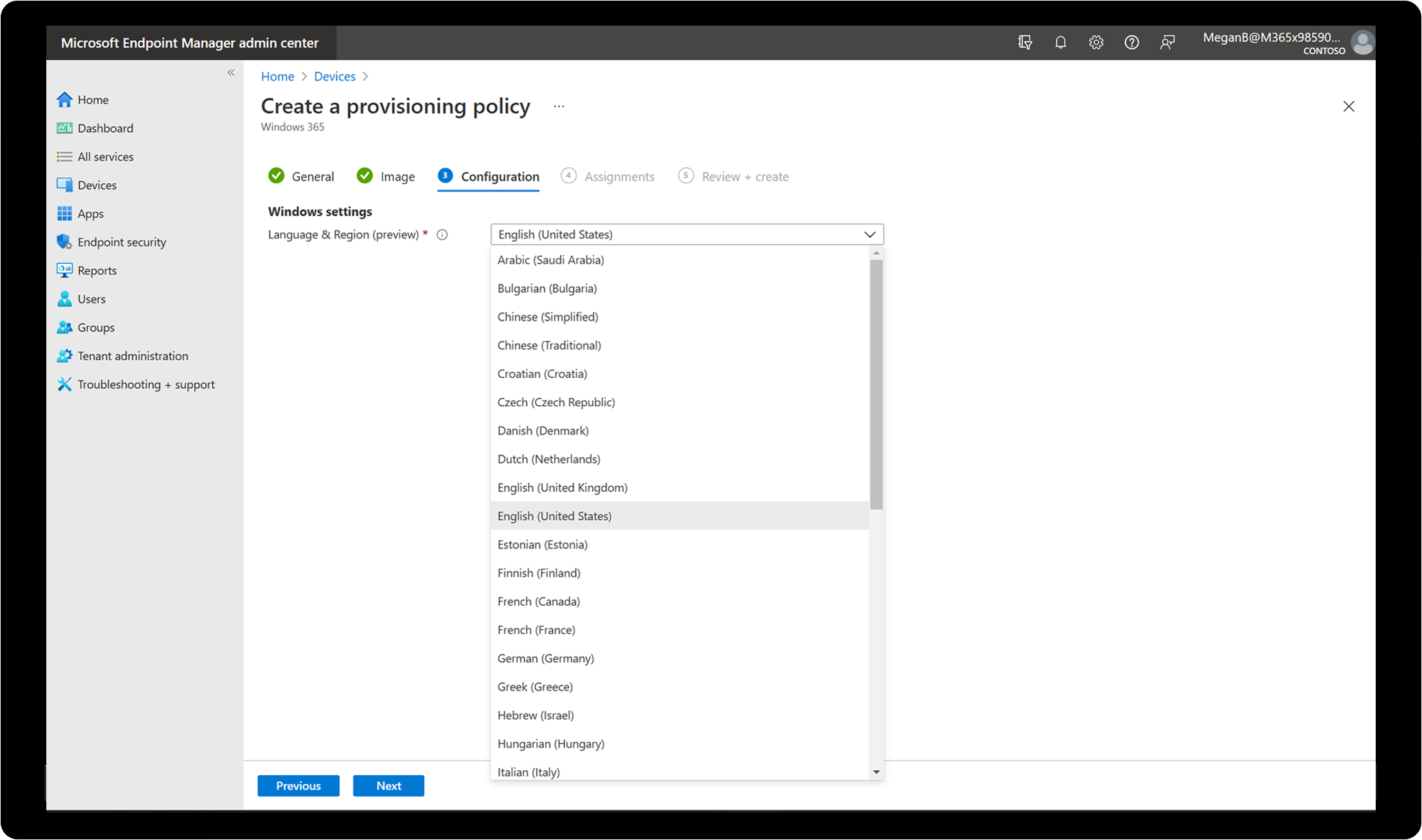 O Microsoft Endpoint Manager a mostrar um menu pendente de idiomas disponíveis para um P C na Nuvem do Windows 365.