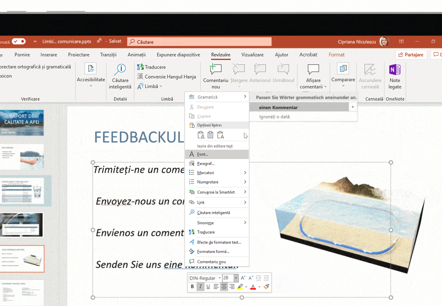 Captură de ecran pentru suportul multilingv utilizat într-un diapozitiv Microsoft PowerPoint.