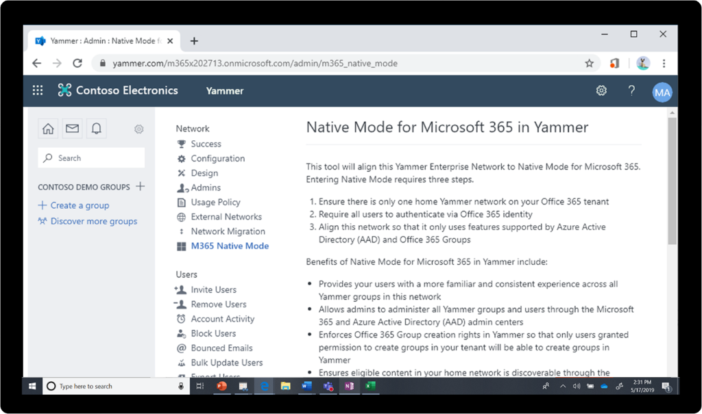 Imagine cu Modul nativ Microsoft 365 activat în Yammer.