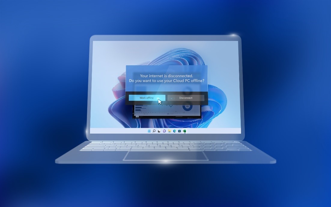  Изображение компьютера с со средством автономной работы Windows 365, благодаря которому в Windows 365 можно работать даже без подключения к Интернету.