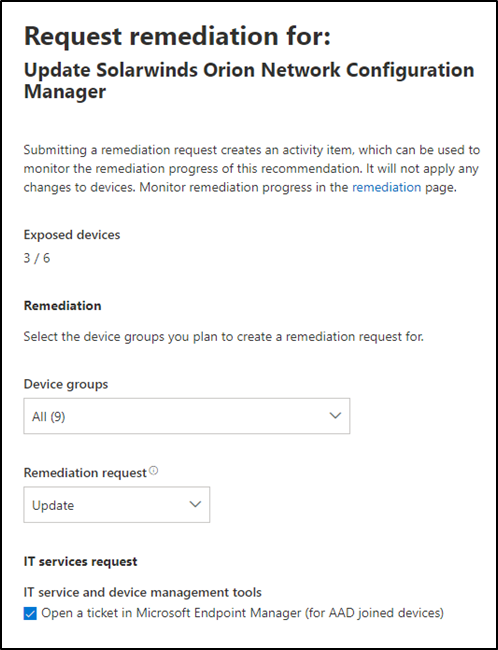 Screenshot of threat and vulnerability management remediation options