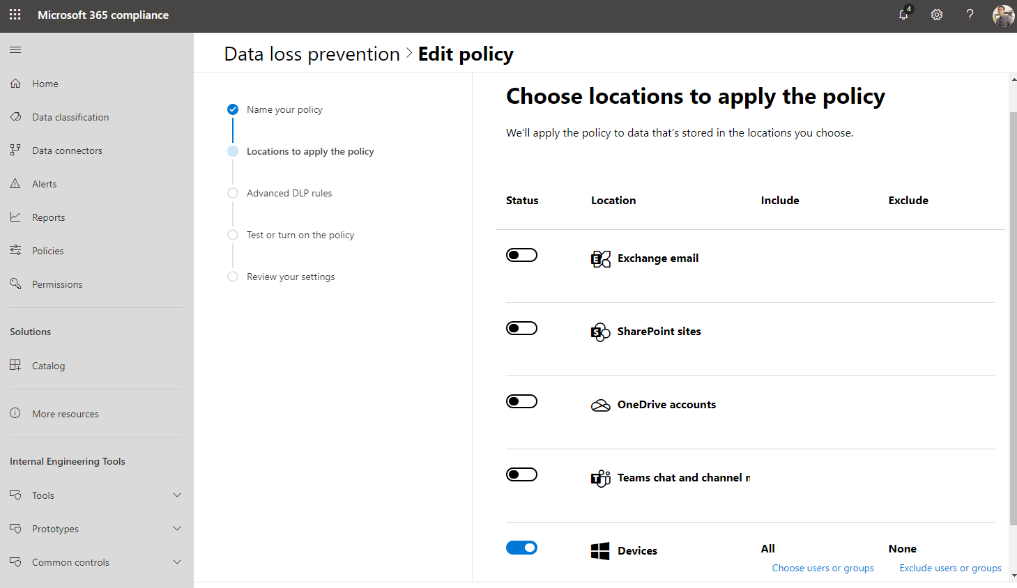 An image showing how you can manage your data loss prevention policies across Microsoft 365 from one location – the Microsoft 365 compliance center.