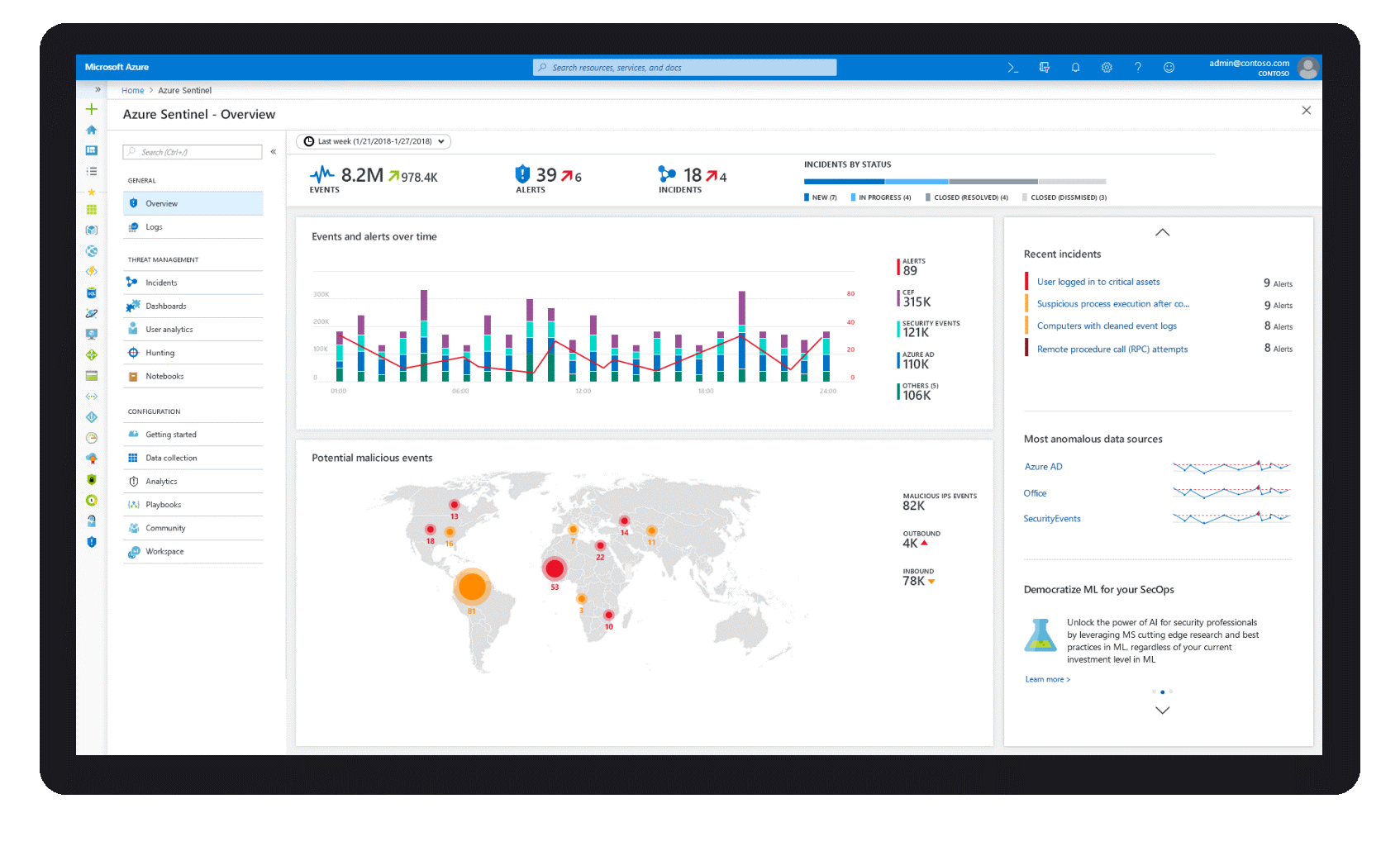 : Azure Sentinel makes it easy to collect security data across your entire hybrid organization from devices, to users, to apps, to servers on any cloud.An image showing how 